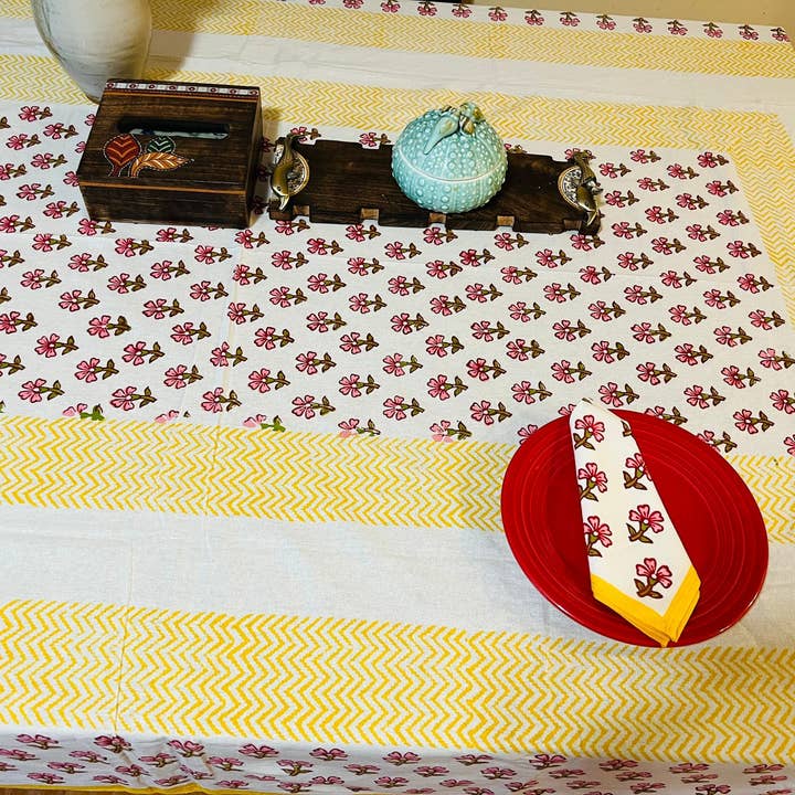 Sunny Dzyns – Engroshandel Dug – Indian Block Print Duge, Gul Blomstret Bomuld Borddæksel, Bordduge Med Servietter Sæt, Pink Jaipur Print Rektangel Bordduge