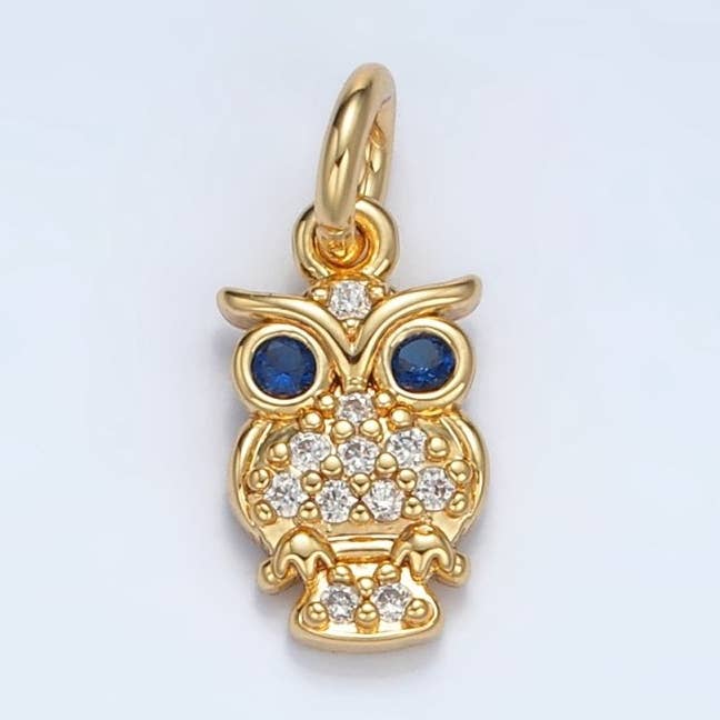 24K Gold Filled Blue-Eyed CZ Micro Paved Owl Bird Charm | E010 for wholesale by Aim Eternal