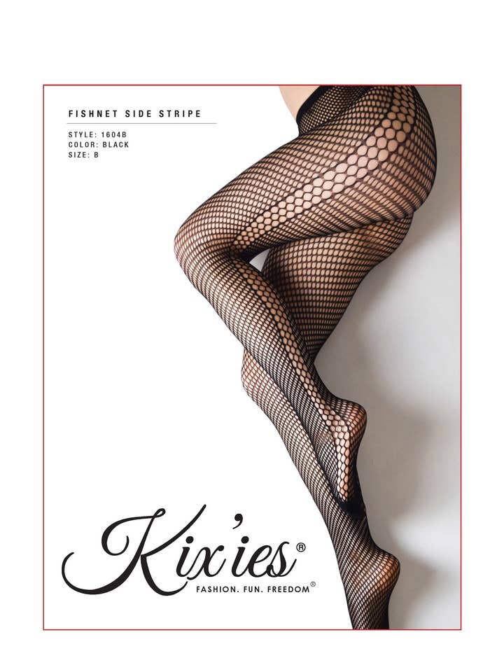Fishnet Tights with Side Stripe Black. Petite to Plus Size for wholesale by Kix'ies