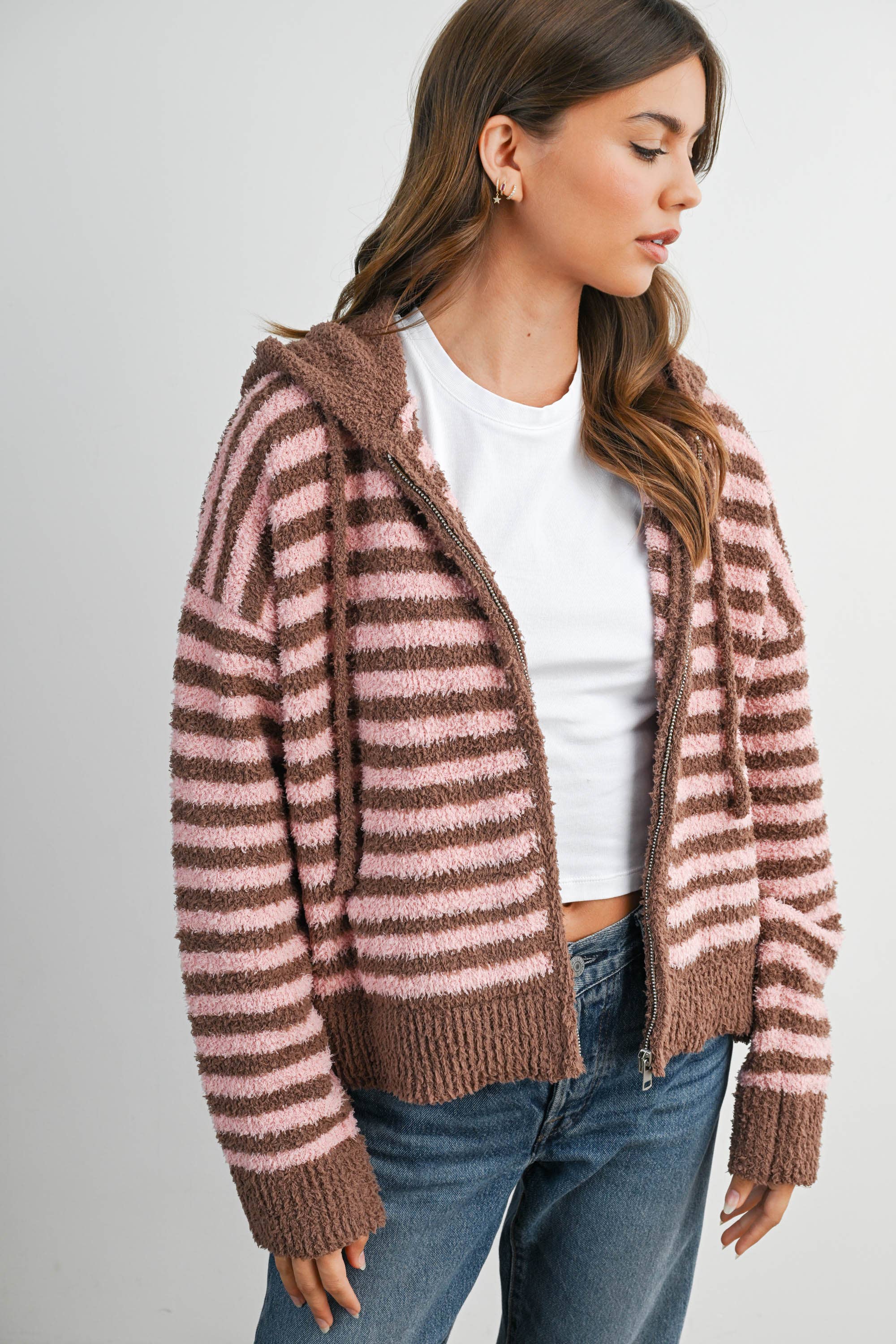 BUTTERMELON - Wholesale Knit Sweater - Women's - Striped Zip-Up Hooded Cardigan - BMC809710