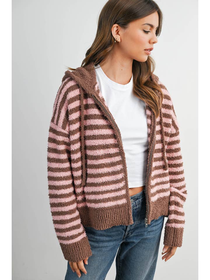 BUTTERMELON - Wholesale Knit Sweater - Women's - Striped Zip-Up Hooded Cardigan - BMC809710