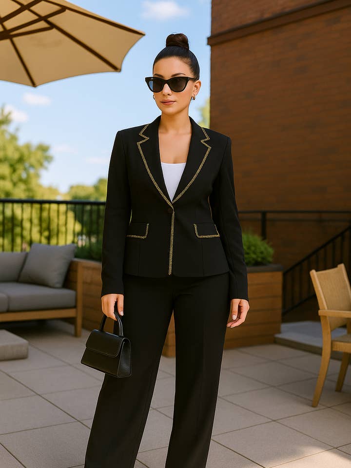 BLACK CHAIN DETAIL BLAZER JACKET AND PANTS SET for wholesale on Faire1