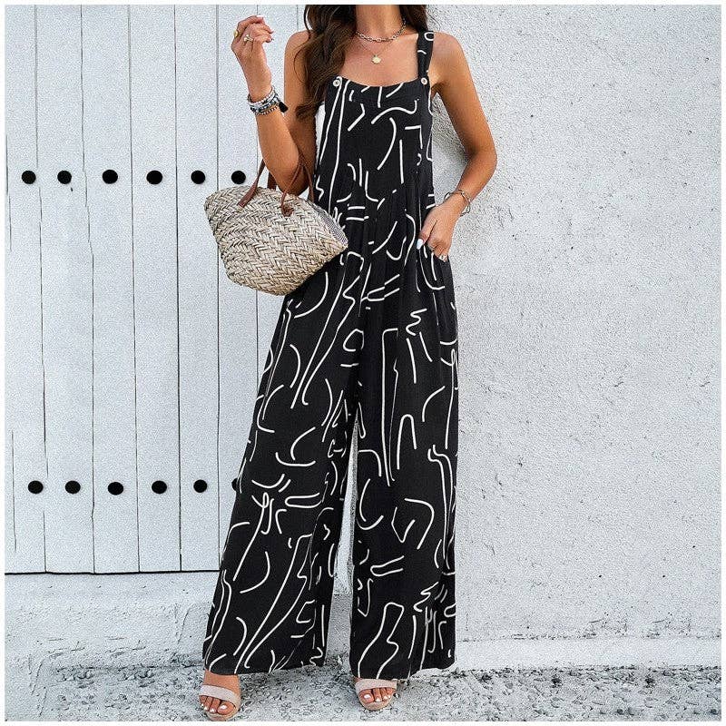 ShieldChic - Wholesale Jumpsuit - Women's - Contrast Color Printing Sleeveless Wide Leg Jumpsuits0