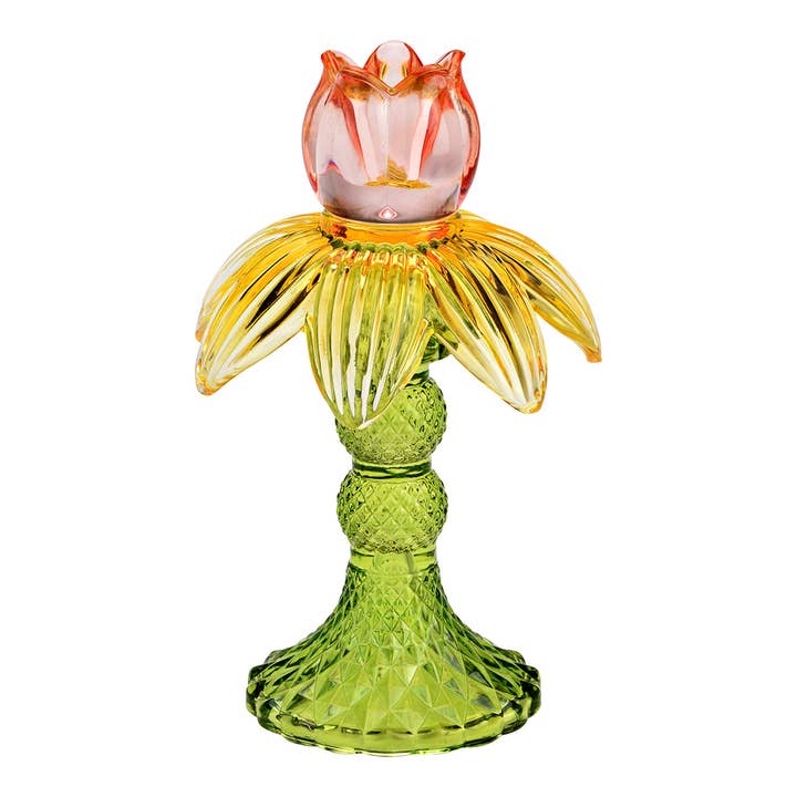 Tulip Glass Candle Holder, Yellow/Green (W/H/D) 11x17x11cm for wholesale by Wurm