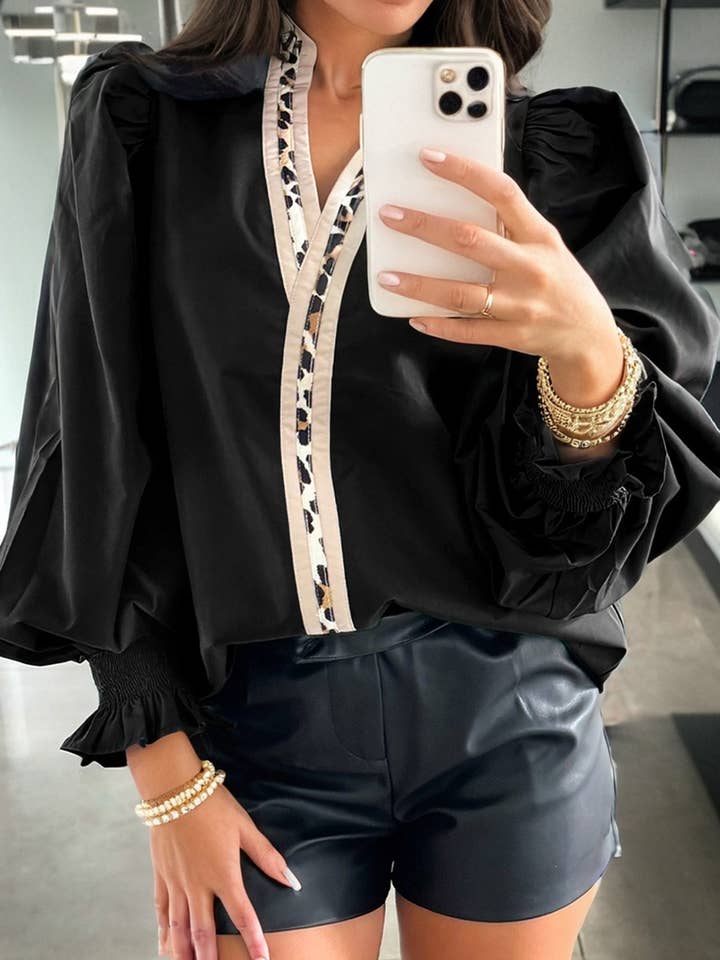 FB Leopard Trim V-Neck Puffy Flounce Sleeve Blouse for wholesale by FASHION BLVD