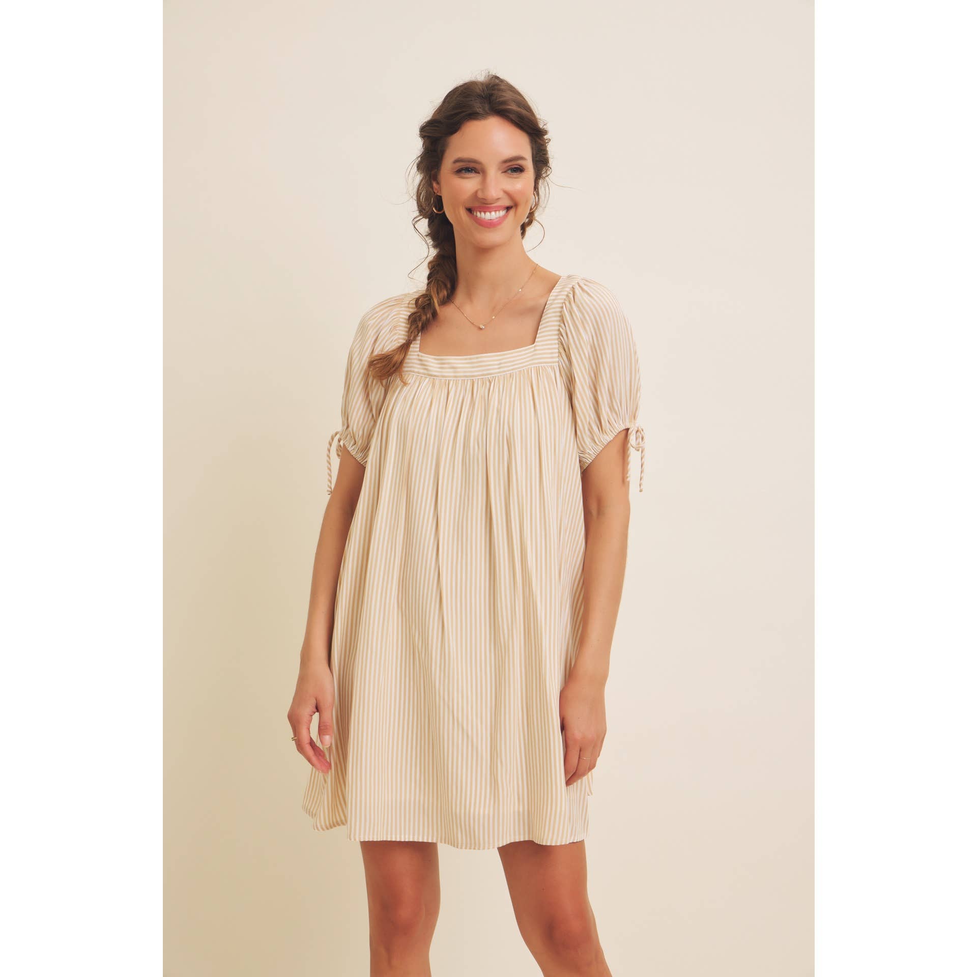 in february - Wholesale Dress - Women's - SQUARE NECK STRIPE FLARE MINI DRESS WITH BOW ON THE SLEEVES21