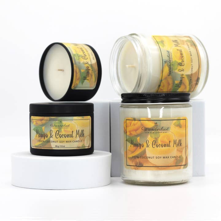Mango & Coconut Milk Scented Coconut Soy Wax Candle for wholesale by Wanderlust Candle Company