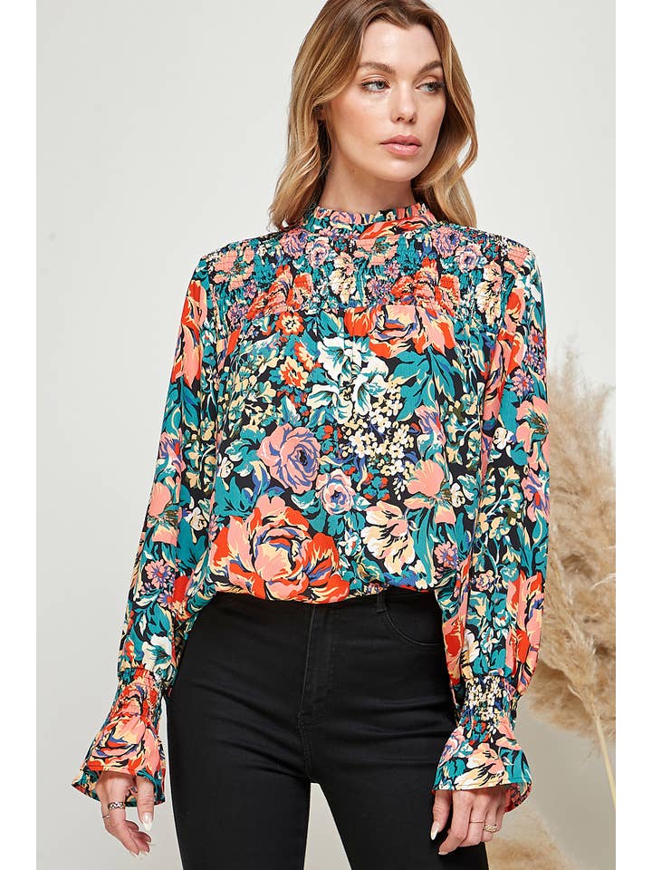 FLORAL PRINT PLEATED HIGH NECK PEASANT SLEEVE TOP for wholesale on Faire