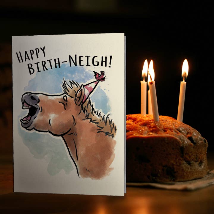 Aaron Millard Illustration - Wholesale Birthday Card - "Happy Birth-neigh" - Funny Horse Pun Farm Birthday Card