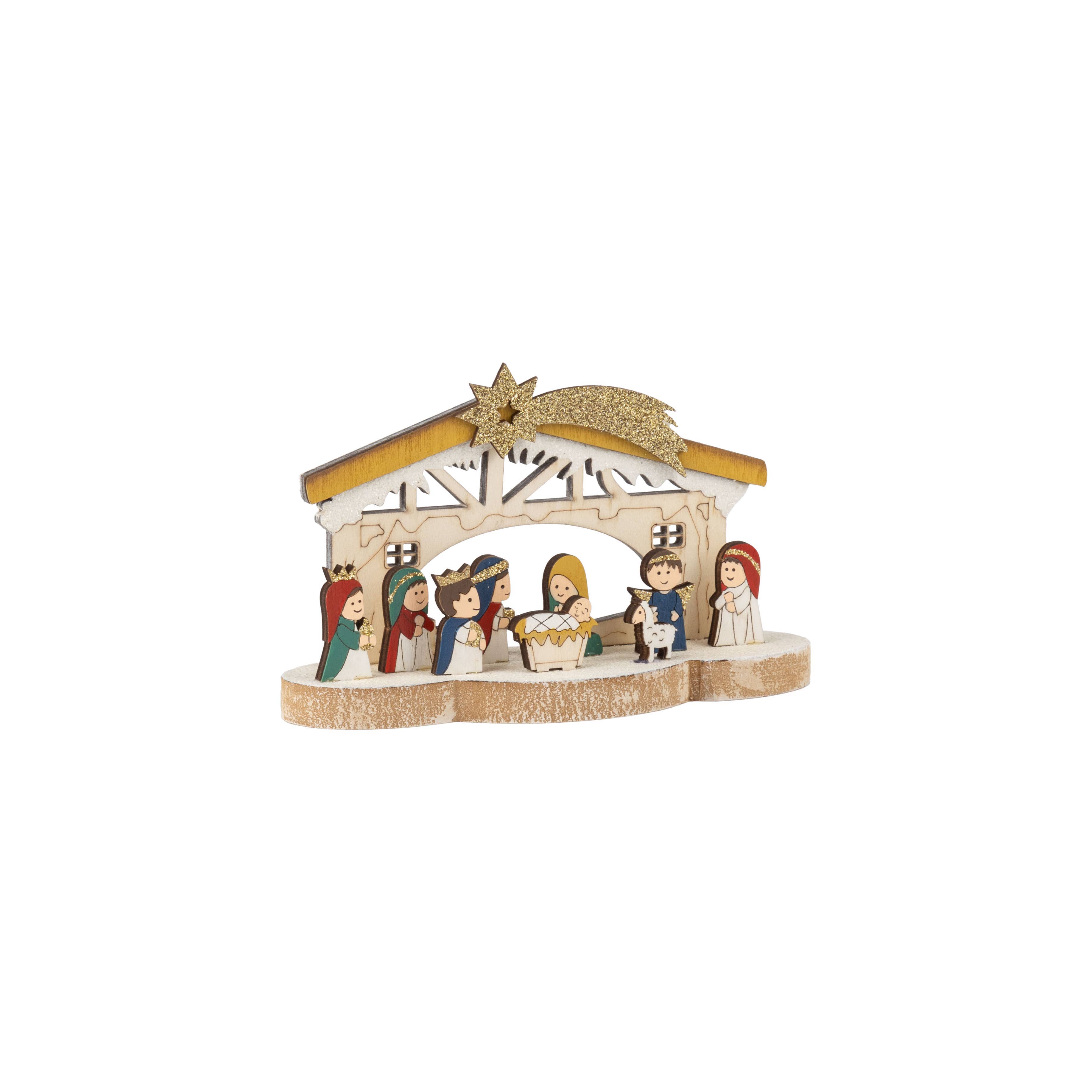 Silver Tree Home & Holiday - Wholesale Nativity Scene Decor - A35697: Wd nativity tblpc,10 chara,manger,wd base,6.5in0