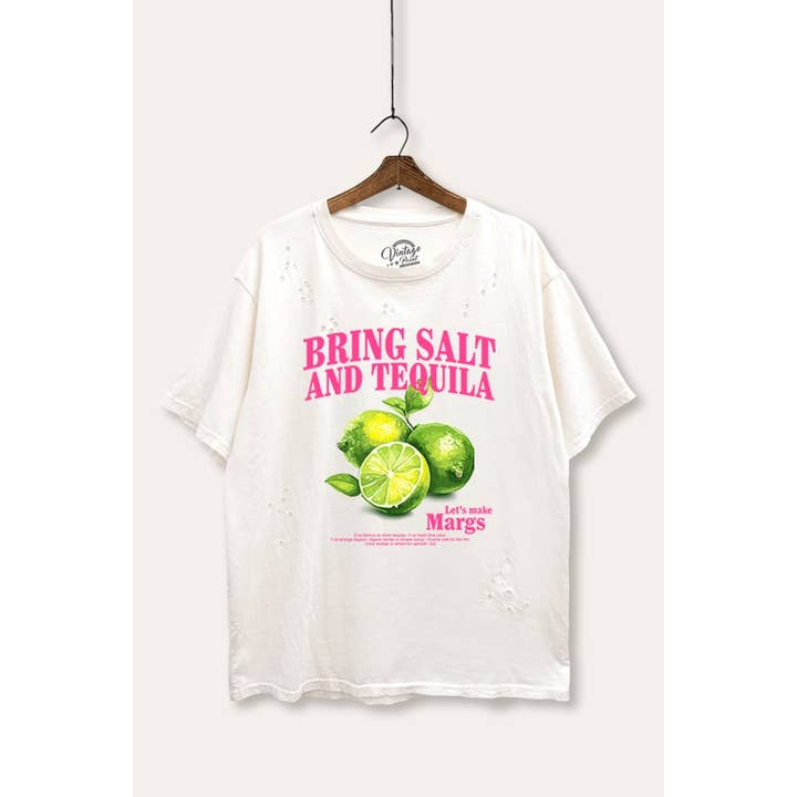 SALT TEQUILA & MARGARITA GRAPHIC MINERAL WASH DISTRESS TEE for wholesale by VINTAGE POINT USA