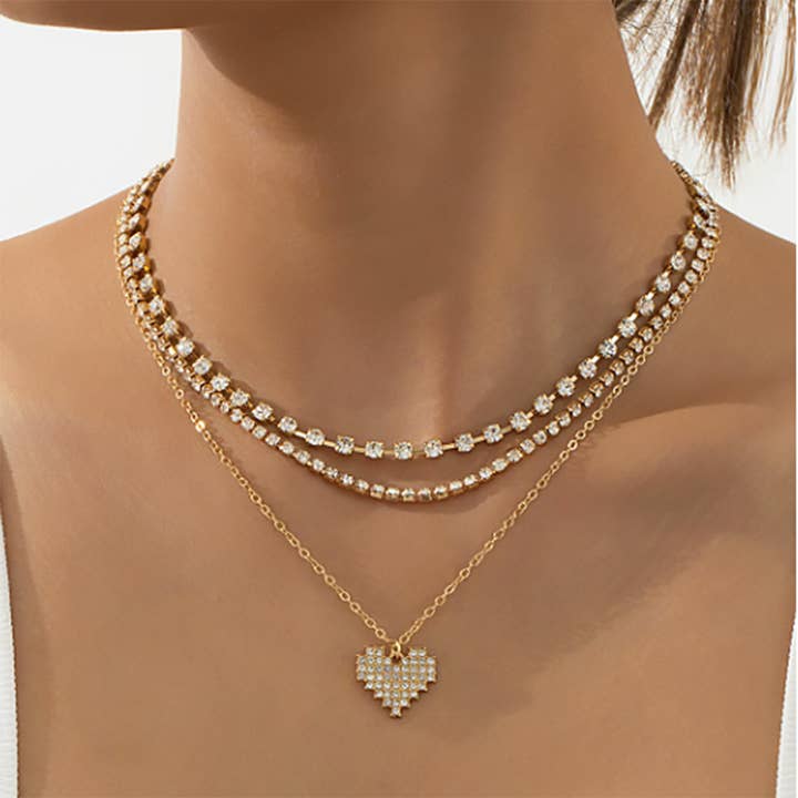 THREE PIECE CZ LAYERED NECKLACE WITH HEART PENDANT for wholesale by Girly