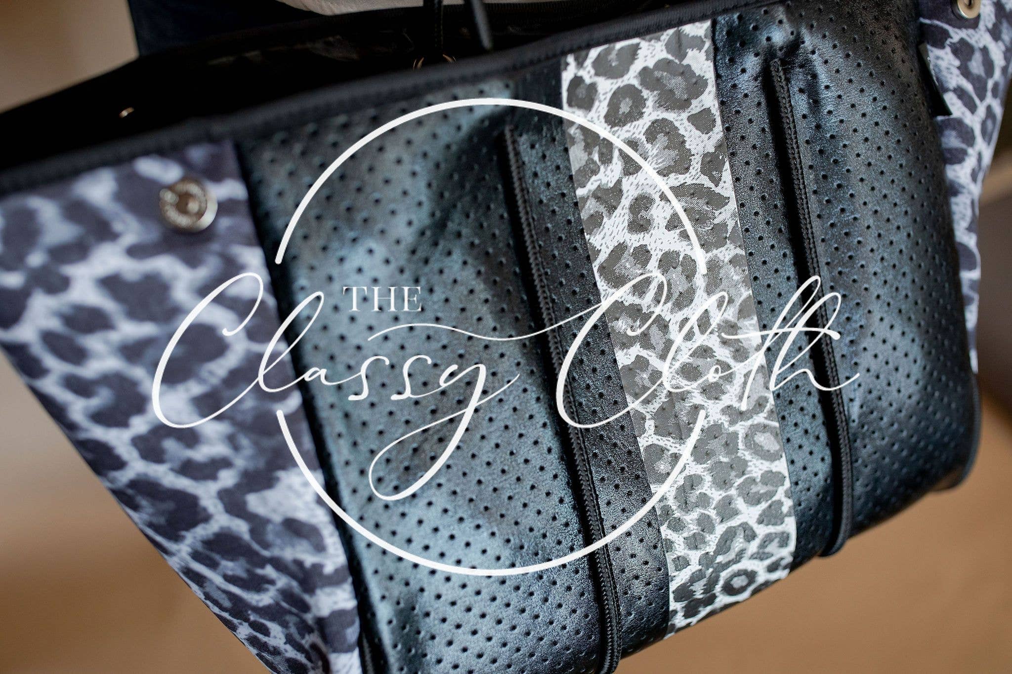 The Classy Cloth WS - Wholesale Beach Bag - Beach Bag - Black w Black & White Leopard Sides RTS1