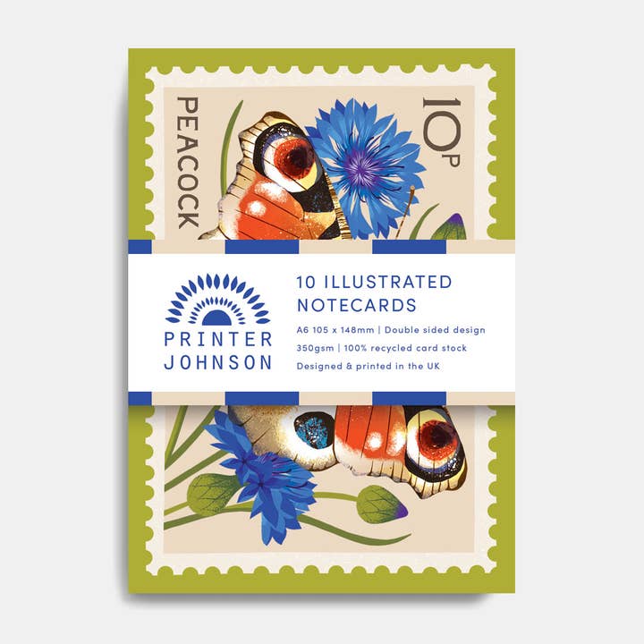 Peacock notecard set | 10 butterfly stamp notecards for wholesale by Printer Johnson Ltd