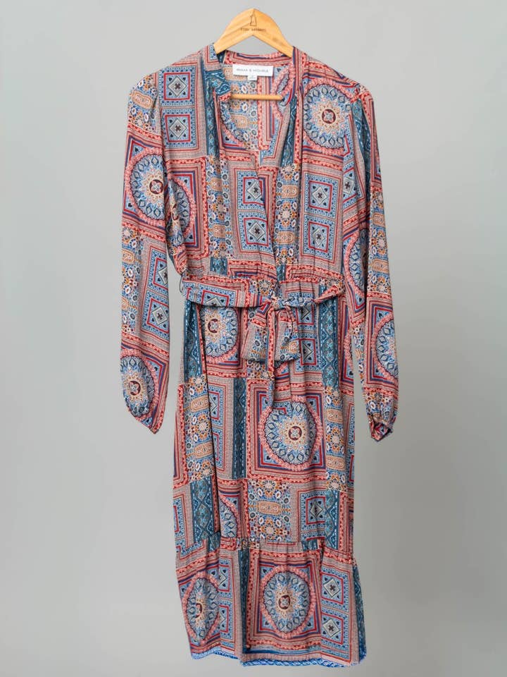 Pine Apparel - Wholesale Dress - Women's - Patchwork Georgette Self Sash Midi Dress1