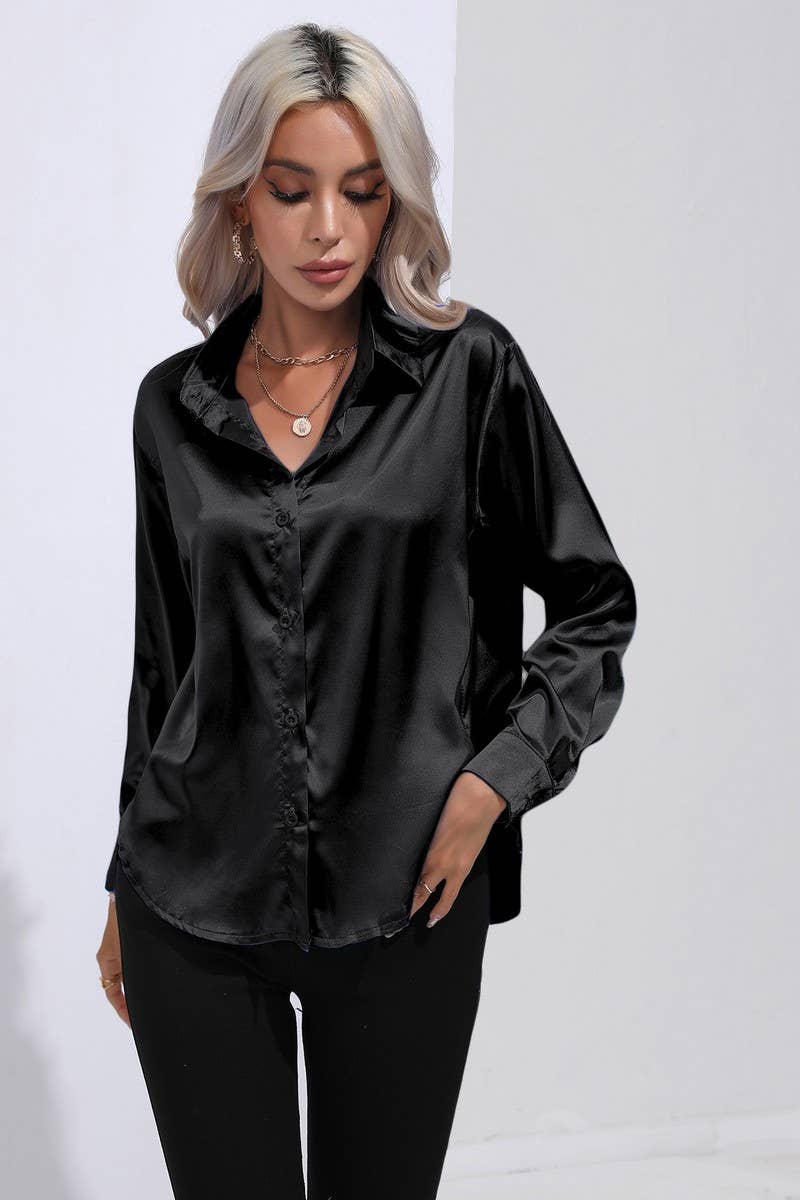 NINEXIS - Wholesale Button Down Shirt - Women's - CWTBLL0690_Button Down Silky Satin Long Sleeve Top30