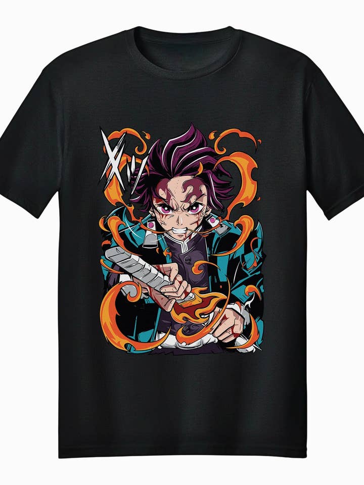 Fundom - Vente T-shirt à imprimés – unisexe - T-shirt unisexe adulte Demon Slayer Tanjiro Forme de Flamme