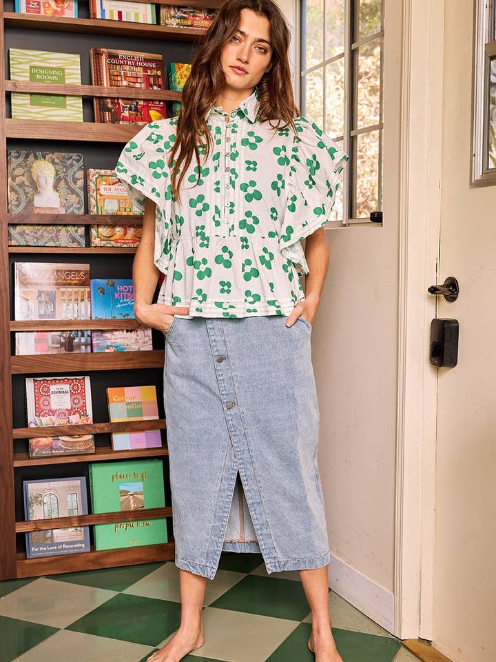 BUCKETLIST INC - Wholesale Button Down Shirt - Women's - IT2337A Ruffle Sleeves Pintuck Detail Floral Print top14