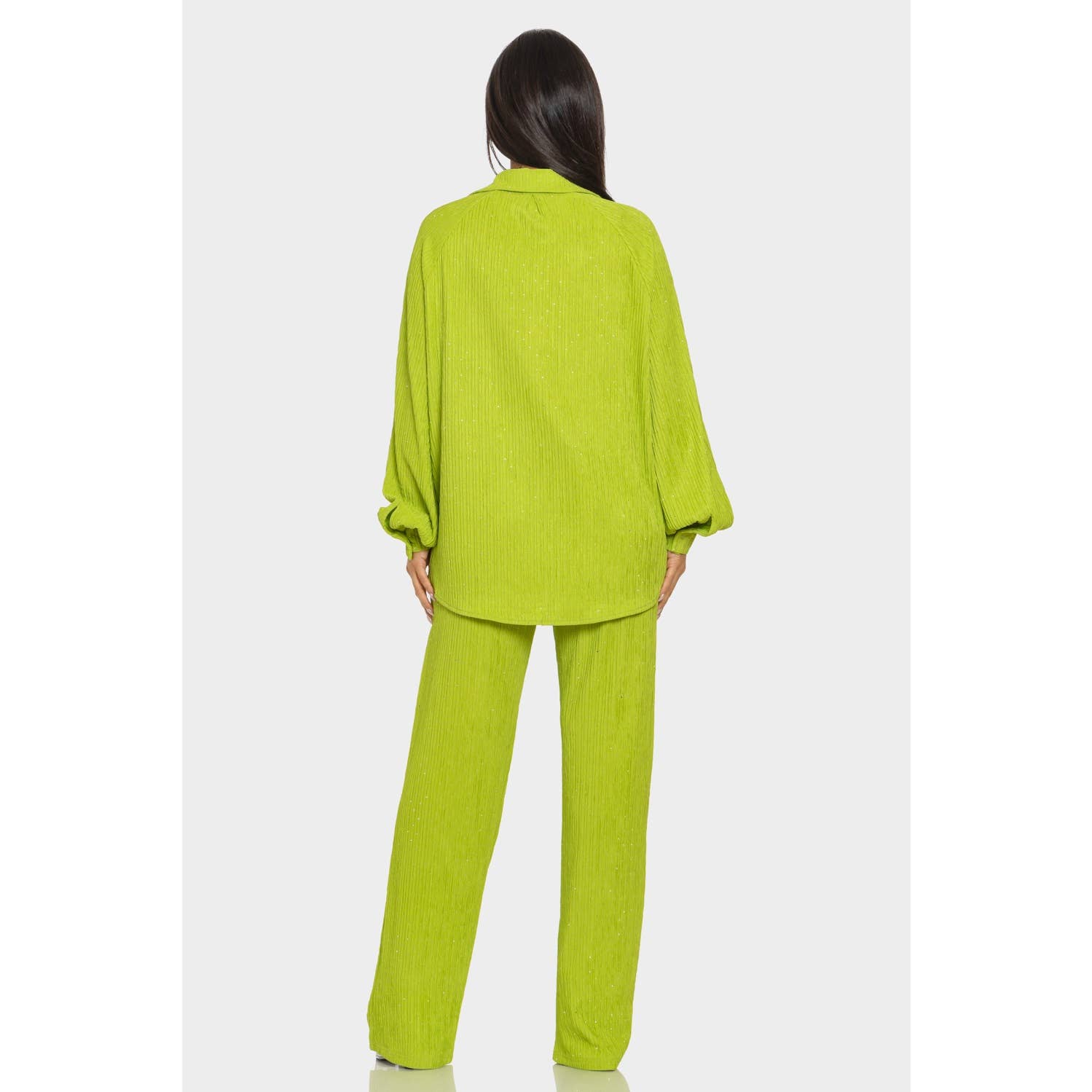 Style Up – Conjunto de top e calça (roupa NÃO Casual) - Mulher por atacado – Conjunto de Camisa e Calças com Botões de Strass Enrugados3