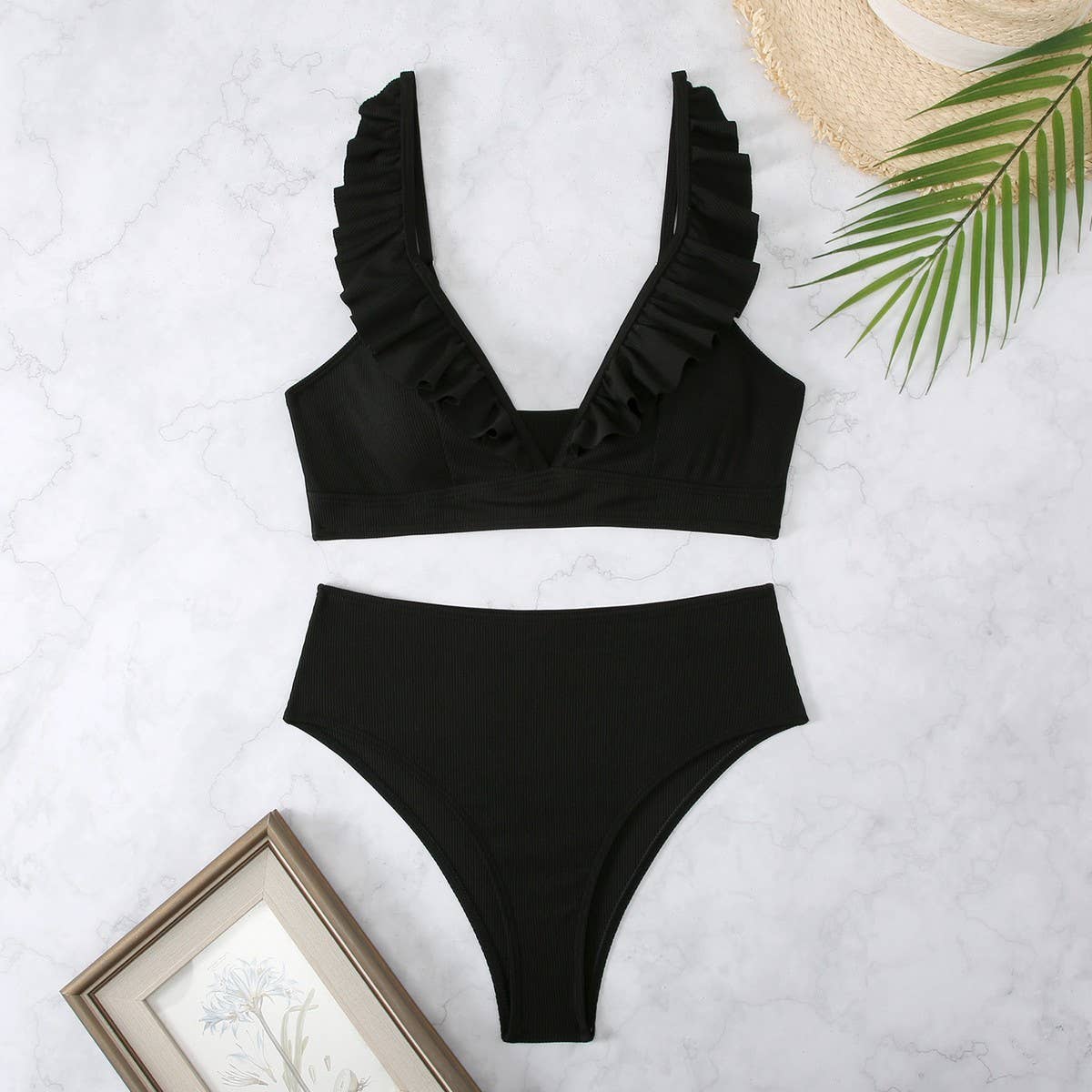 ACCITY - Wholesale Two Piece Swimsuit - Women's - High-Waisted V-Neck Ruffled Bikini Swimsuit_CWMW02009