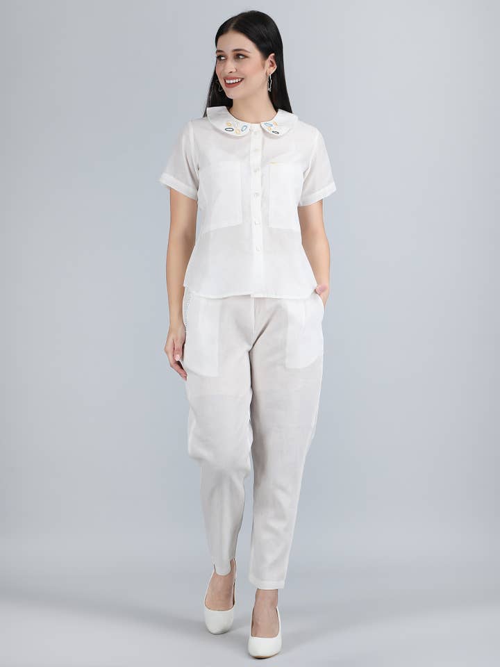 Women White Pure Linen Hand Embroidered Co ord for wholesale by 1401 The Label