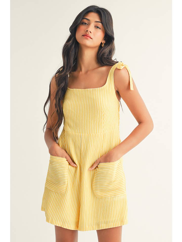 Yellow LDC Stripe Shoulder Tie Smocked Back Wide Leg Casual Romper for wholesale on Faire