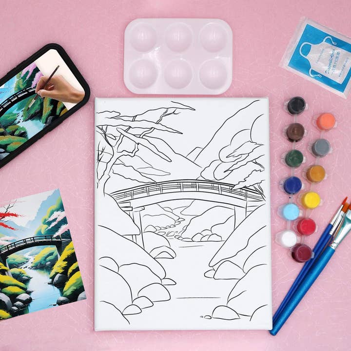 Bridge to Tranquility- Pre-drawn Canvas Acrylic Painting Kit with Follow-along Video for wholesale by The Artist's Nest