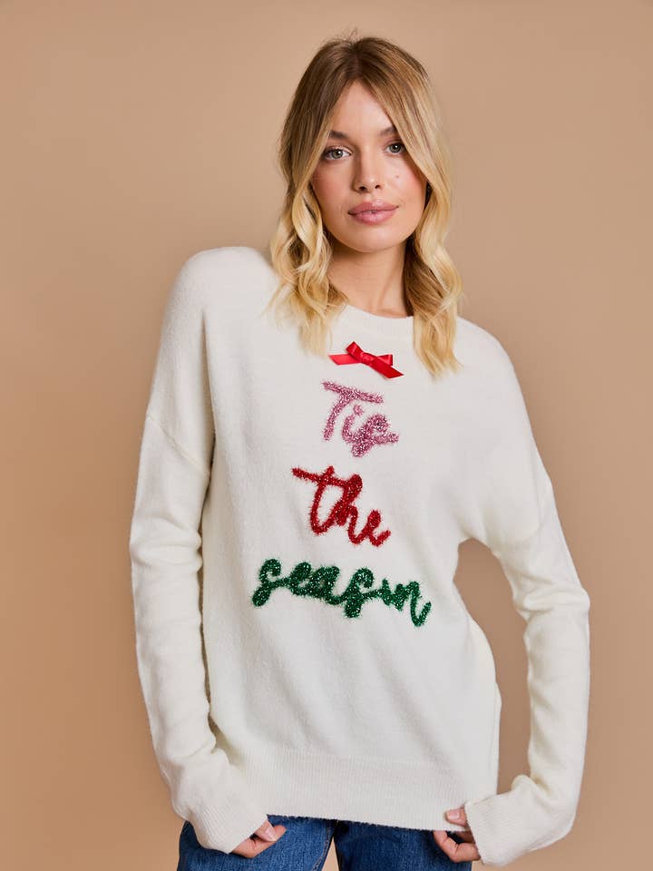 CREAM ROUND NECK LONG SLEEVE "TIS THE SEASON" NOVELTY SWEATER for wholesale on Faire
