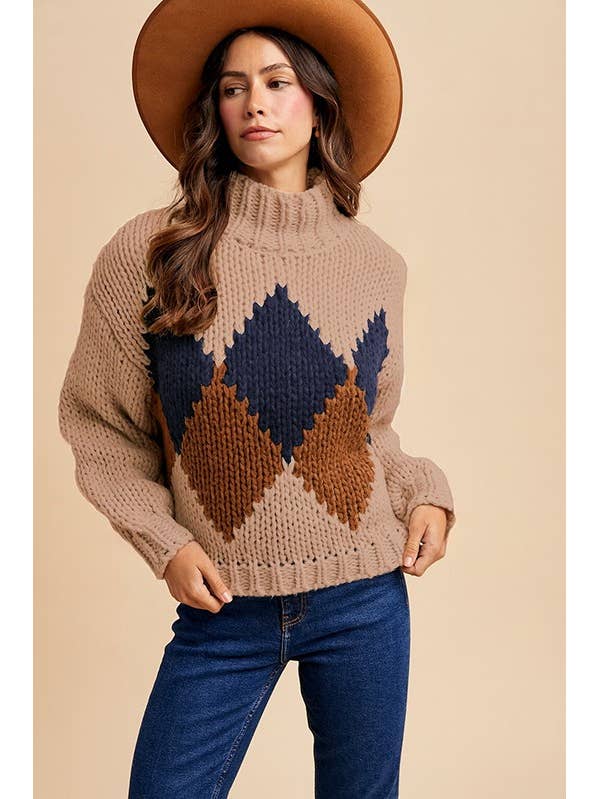 TAUPE COMBO Argyle Pattern Turtleneck Yarn Sweater for wholesale on Faire5