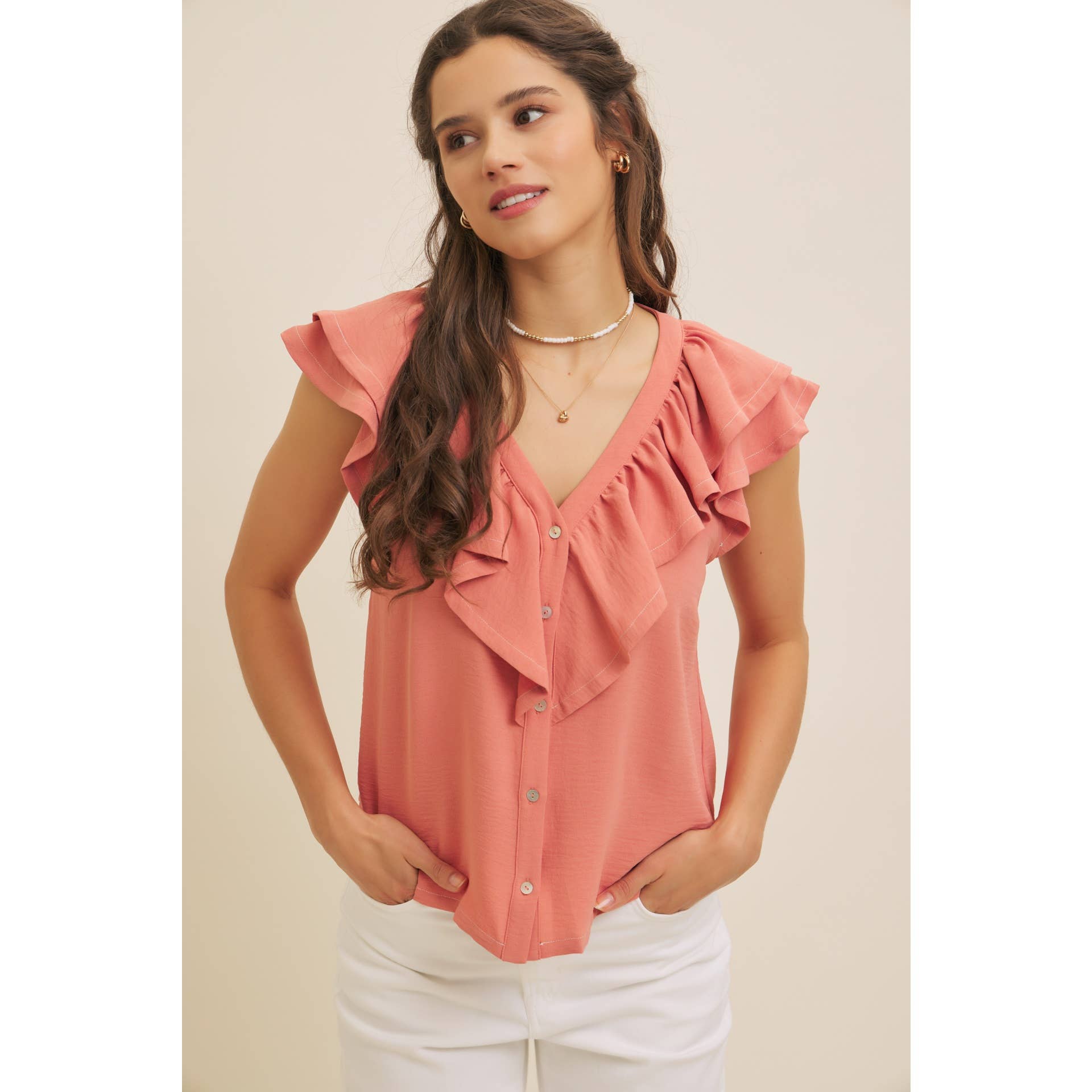 in february - Wholesale Blouse - Women's - RUFFLE BLOUSE TOP WITH BUTTON-DOWN FRONT AND CONTRAST STITCH2