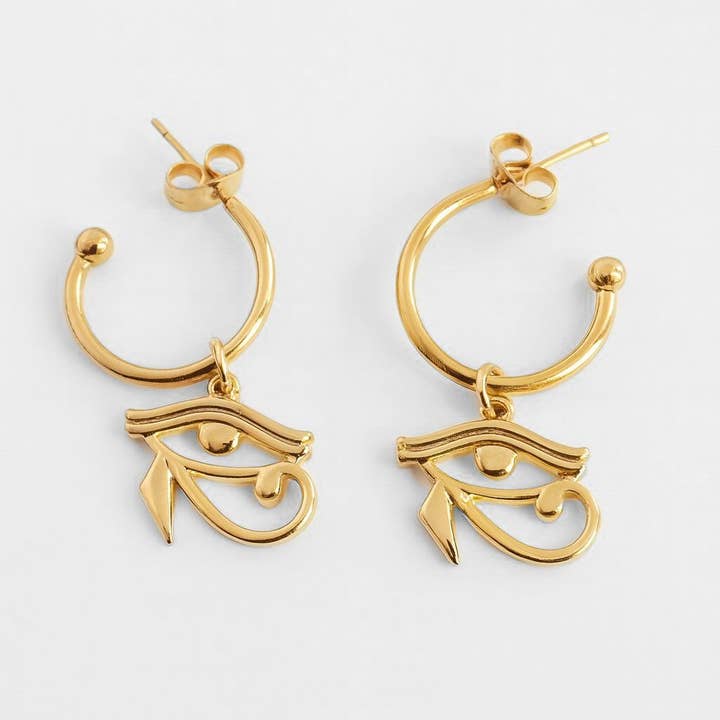 Gold Egyptian Eye of Horus Hoop Earrings for wholesale by Augusta Jewellery