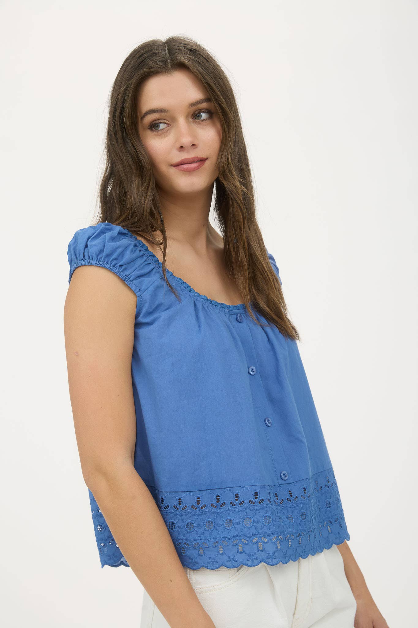 Blu Pepper - Wholesale Blouse - Women's - EYELET LACE TRIM SHORT SLEEVE BUTTON DOWN BLOUSE2