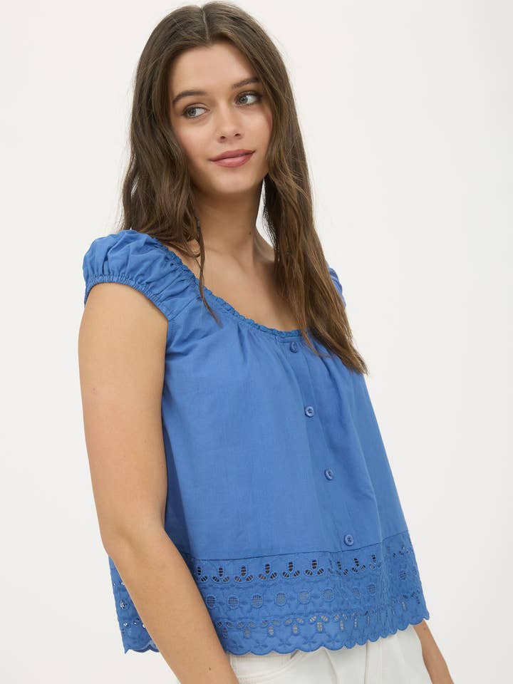 Blu Pepper - Wholesale Blouse - Women's - EYELET LACE TRIM SHORT SLEEVE BUTTON DOWN BLOUSE2