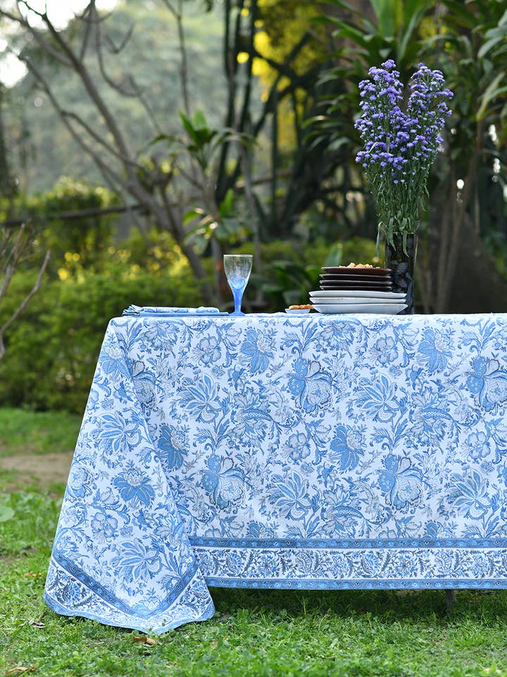 Tibet Ocean Blue & White Tablecloth for wholesale by Handprint