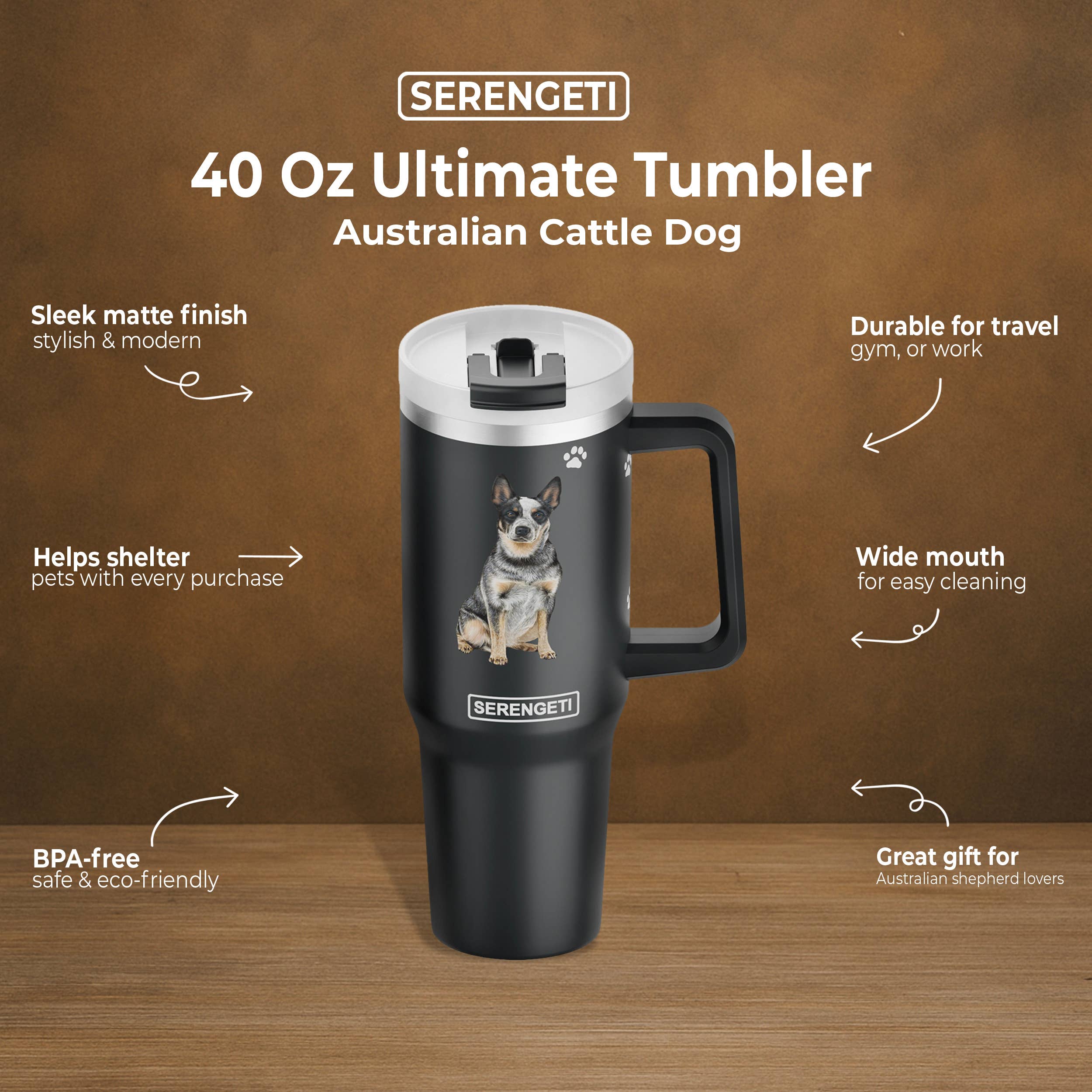 E&S Pets – Engroshandel Thermokop – 40 oz australsk kvæghundetumbler - 3D-trykt - isoleret4