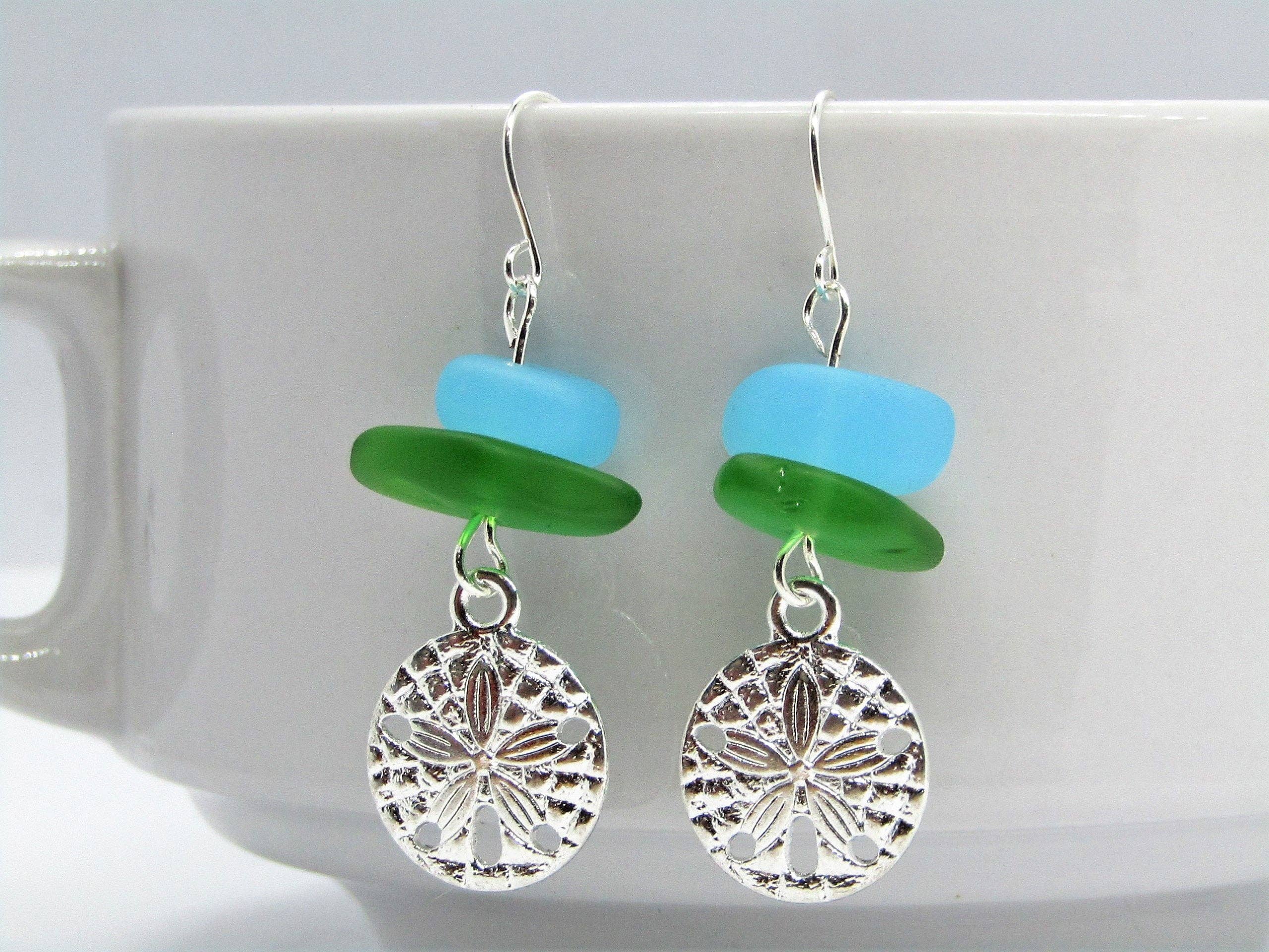 Bad Apple Designs - Wholesale Dangle Earrings - Frosted Sea Glass Earrings: Silver Sand Dollar Dangles #23