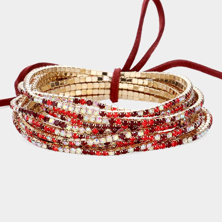 Sensibling Corp. - Wholesale Tennis Bracelet - 12PCS - Ribbon Colorful Rhinestone Layered Stretch Bracelets