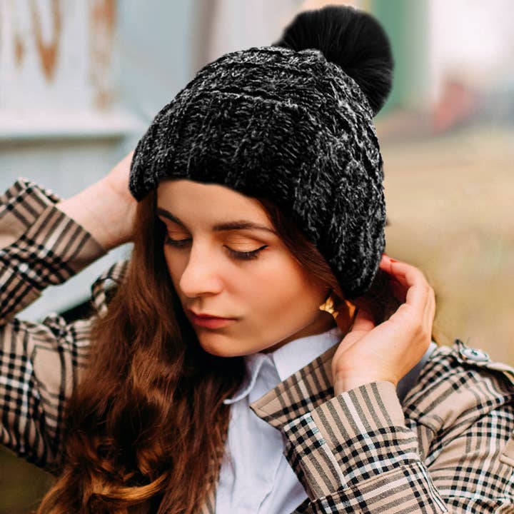 Fleece Lining Mixed Color Knit Faux Fur Pom Pom Beanie Hat for wholesale by Sensibling Corp.