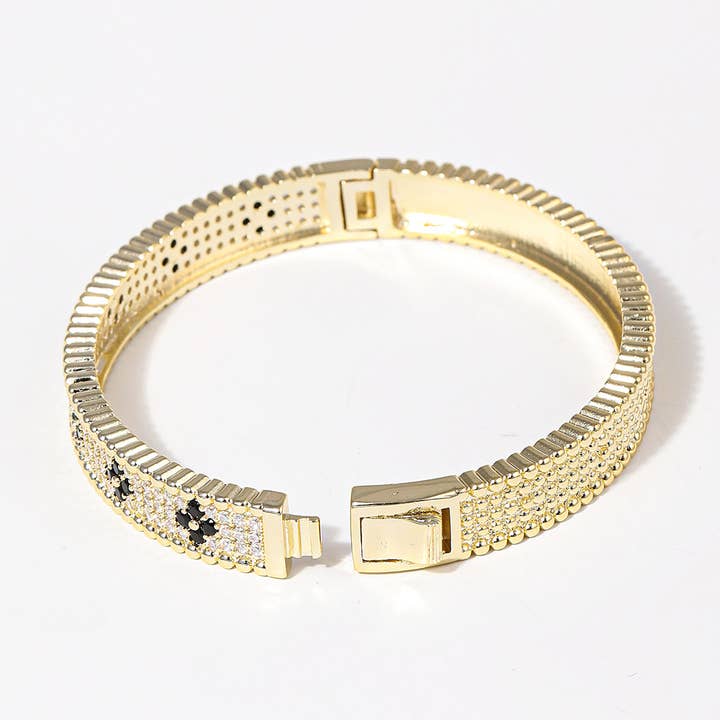 GJ Clover Paved CZ Gold Tone Bangle Bracelet for wholesale on Faire