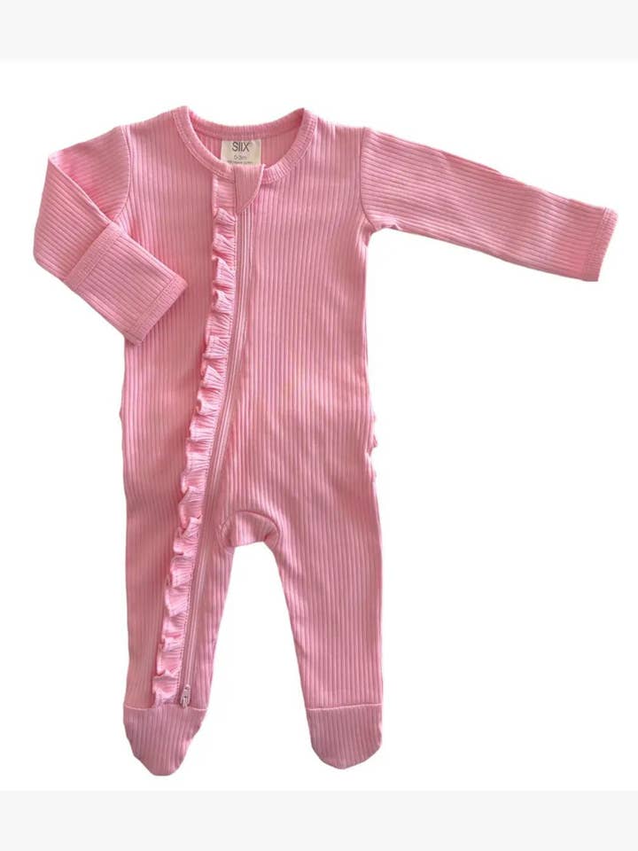 SIIX Collection - Wholesale Jumpsuit - Baby - Pink / Organic Ribbed Frill Zip Footie (Baby - Kids)