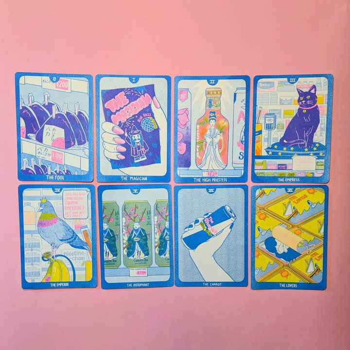 Christina Hu - Wholesale Postcard Set - Cornerstore Tarot Postcard Pack - Set 1 | 8 Risograph Postcads 5"x7"