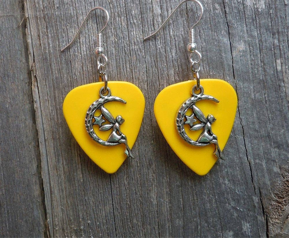 Simply Raevyn - Wholesale Dangle Earrings - Fairy on the Half Moon Charm Guitar Pick Earrings14