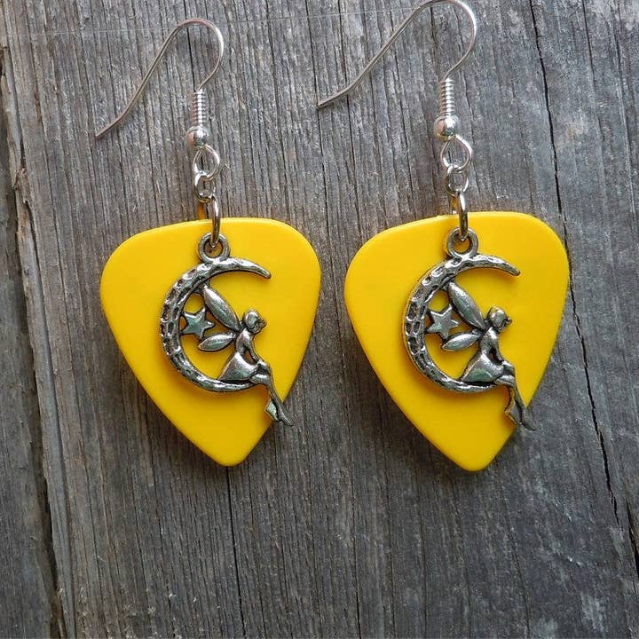Simply Raevyn - Wholesale Dangle Earrings - Fairy on the Half Moon Charm Guitar Pick Earrings14