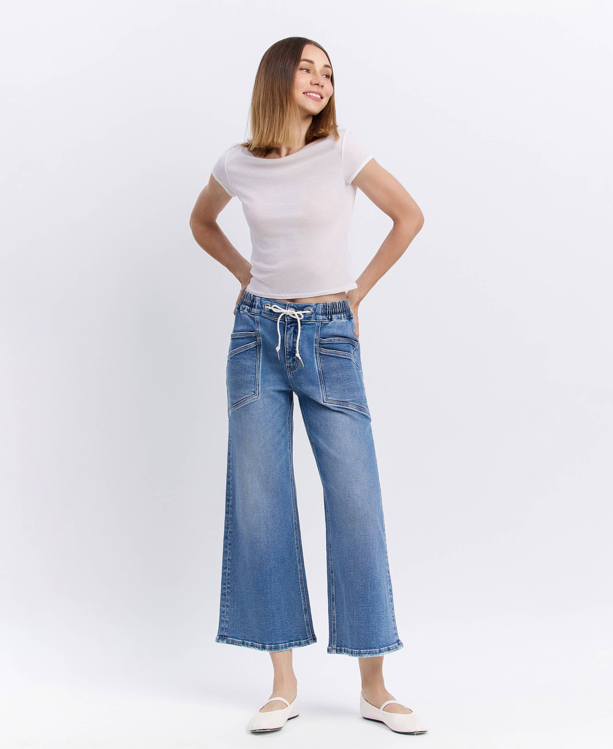 REASSURE HIGH RISE DRAWSTRING WAISTBAND WIDE LEG JEANS V3650 for wholesale on Faire4