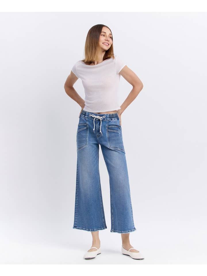 REASSURE HIGH RISE DRAWSTRING WAISTBAND WIDE LEG JEANS V3650 for wholesale on Faire4