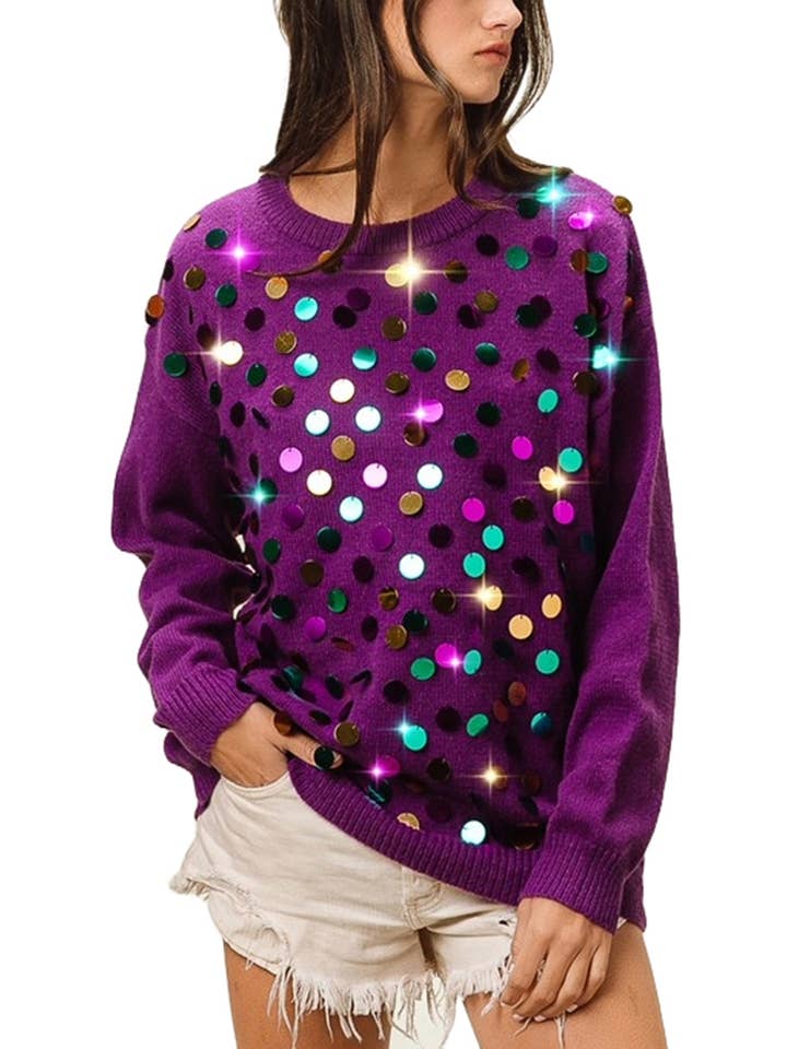 Vanilla Monkey - Wholesale Knit Sweater - Women's - Mardi Gras Colors Spangled Knit Pullover