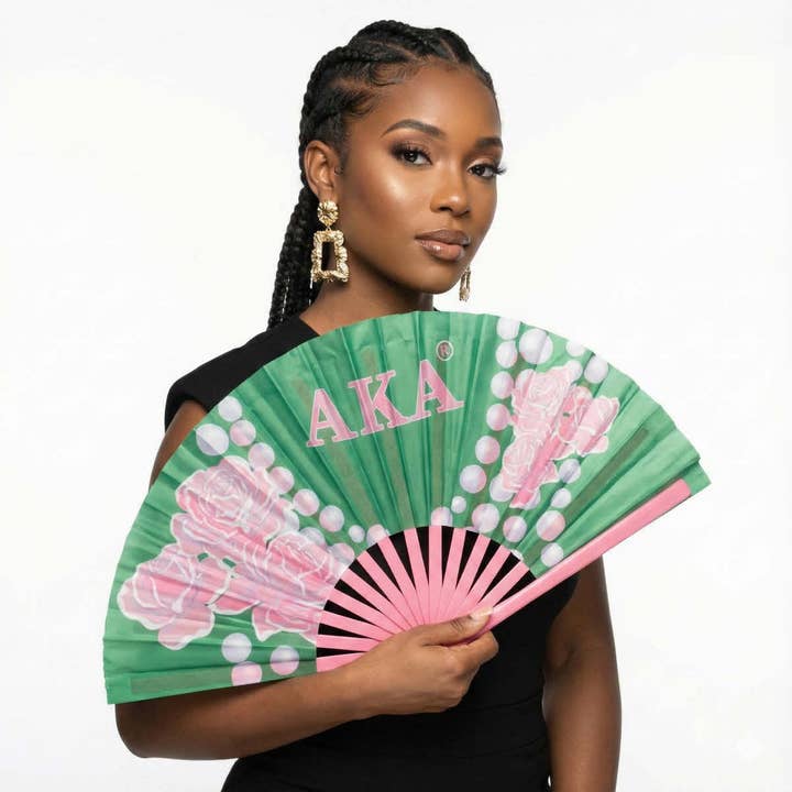 AKA Sorority Large Floral Pearl Print Fabric Fan for wholesale by PinktownUSA
