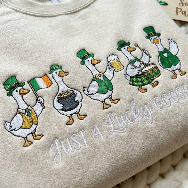 Just a Lucky Goose Embroidered Sweatshirt, St Patrick Tee for wholesale by ClevorFit