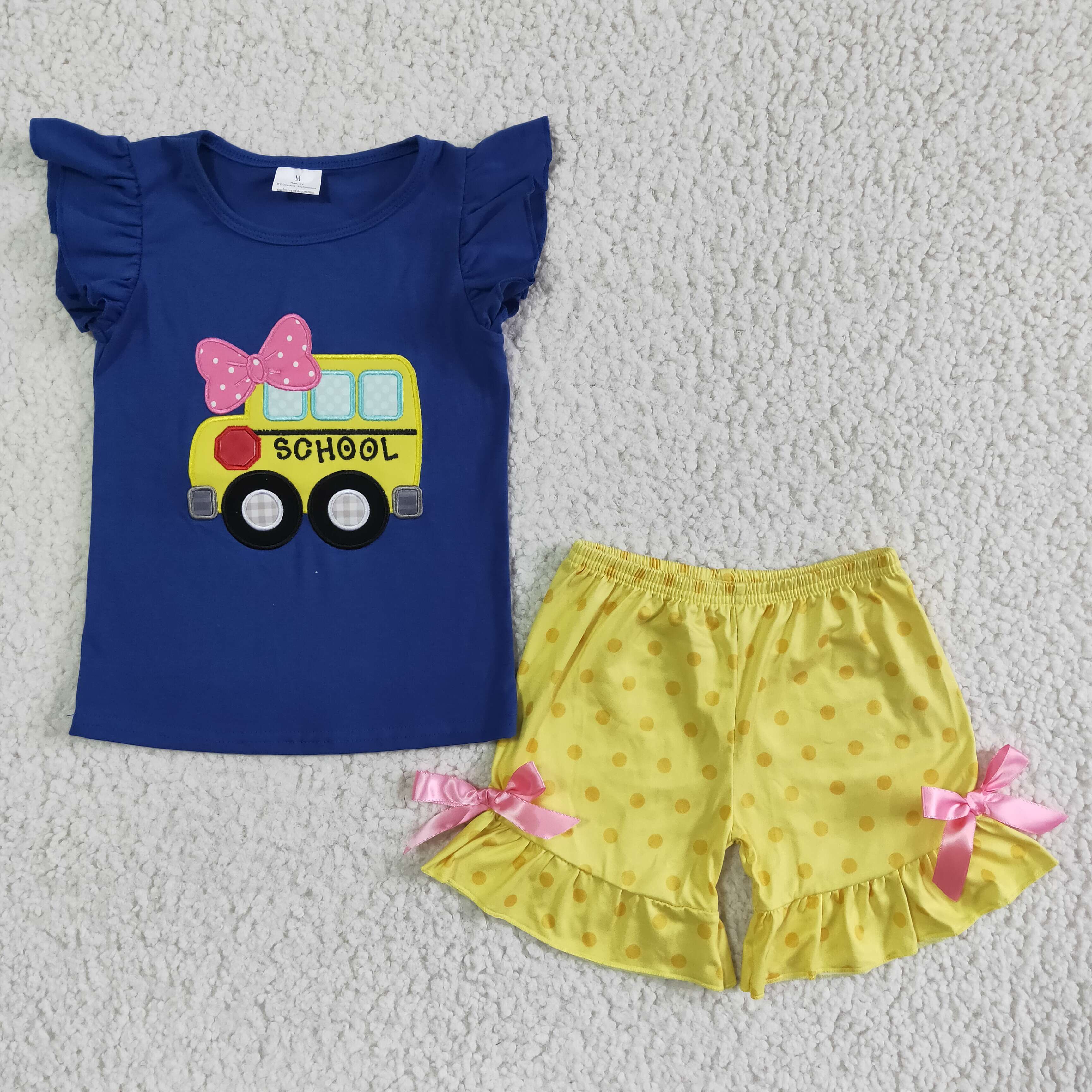 Yawoo Garments - Wholesale Top & Short Set - Kids - School bus applique kids girls back to school outfits1