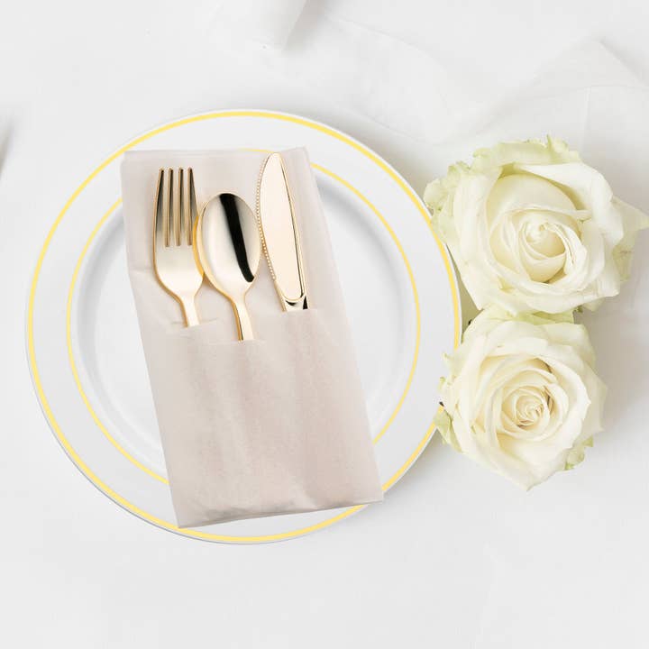 Smarty had a Party - Wholesale Assorted cutlery set - Gold Plastic Cutlery in White Pocket Napkin Set - 70 Guests5